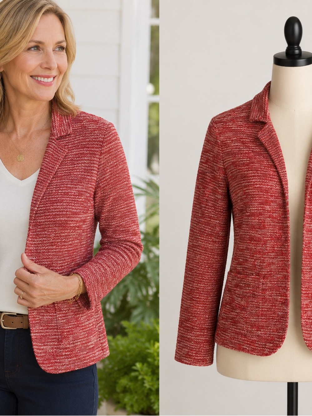 Talbots Heathered Red Knit Open Blazer-8P-Autumn-Holiday-Christmas-cotton blend